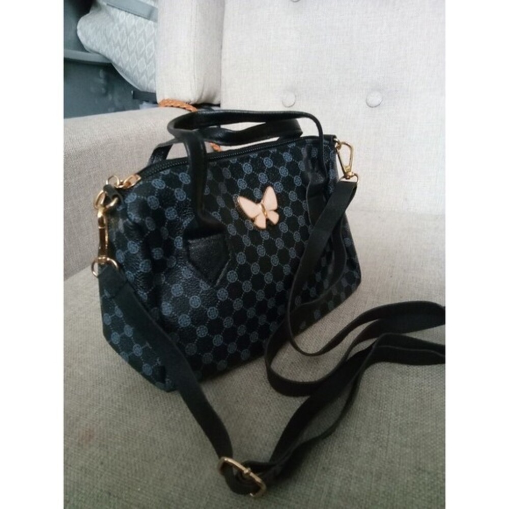 Women's Small Checkered Blue & Gold Pattern Handbag With Straps....handbag 1